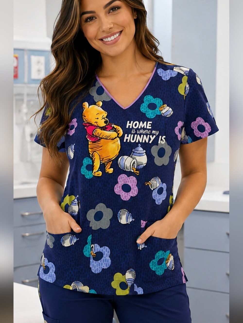 Disney Winnie The Pooh Tooniforms Scrubs Medical Office Tunic Top Shirt Small